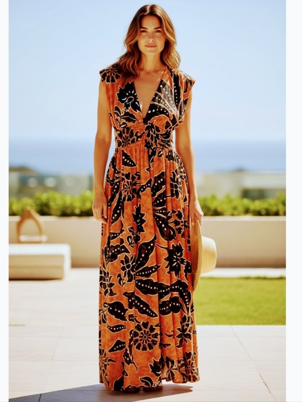 Indulge Rust and Black Floral Deep V Maxi Dress Side Cut Out Sz.XL